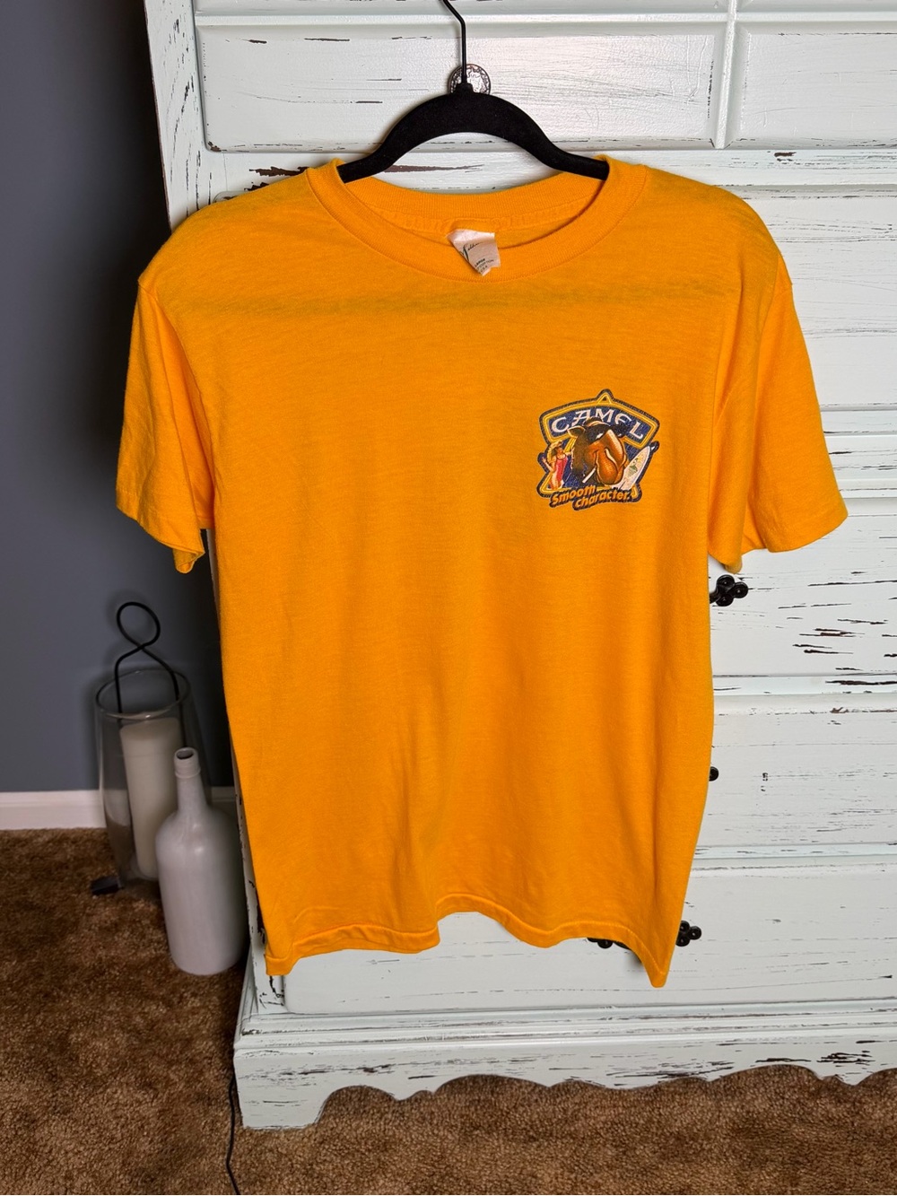 Vintage Joe Camel Cigarettes Yellow Logo Short-Sleeve Tee, size large.